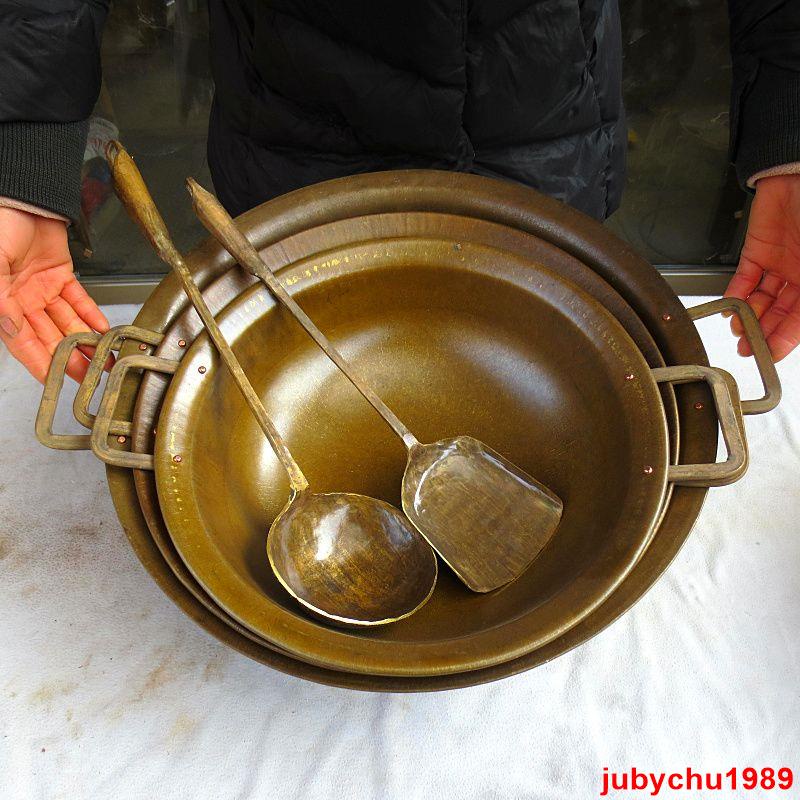 熱賣熱賣😊純銅老式銅鍋加厚鍋家用銅炒菜鏟子勺子雙耳熬鍋廚房用具銅鍋