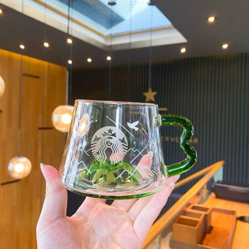 ☆ins 星巴克杯子日本星巴克2021年綠色山底富士山玻璃杯耐高溫喝水杯茶杯咖啡杯