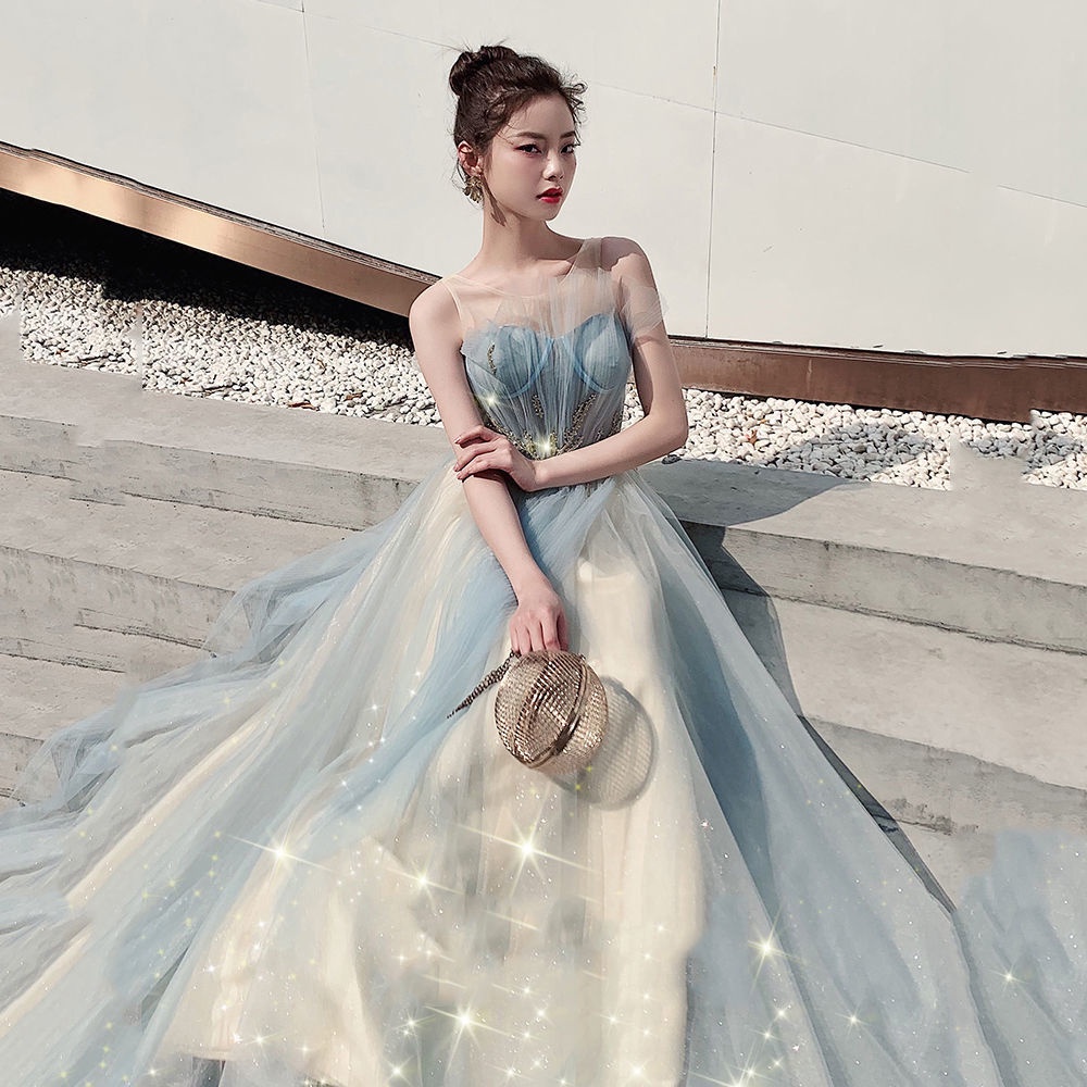 禮服裙長款優雅氣質新款晚禮服藍色仙氣伴娘服生日派對洋裝春酒尾牙洋裝