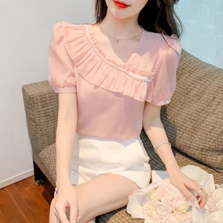 大碼荷葉邊短袖衫女|拚接短袖t恤|夏季新款上衣|時尚斜領超僊上衣|小眾設計T恤|簡約韓版上衣|V領雪紡衫|純色不對稱t恤
