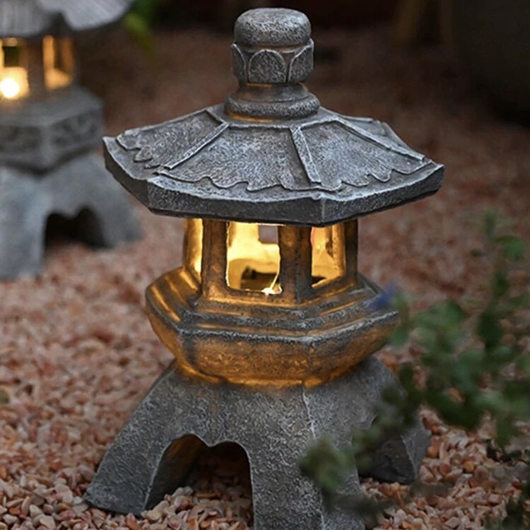 【超值特惠】中式日式太陽能燈禪意石塔裝飾擺件花園庭院樹脂小宮燈雕塑佛具戶外燈