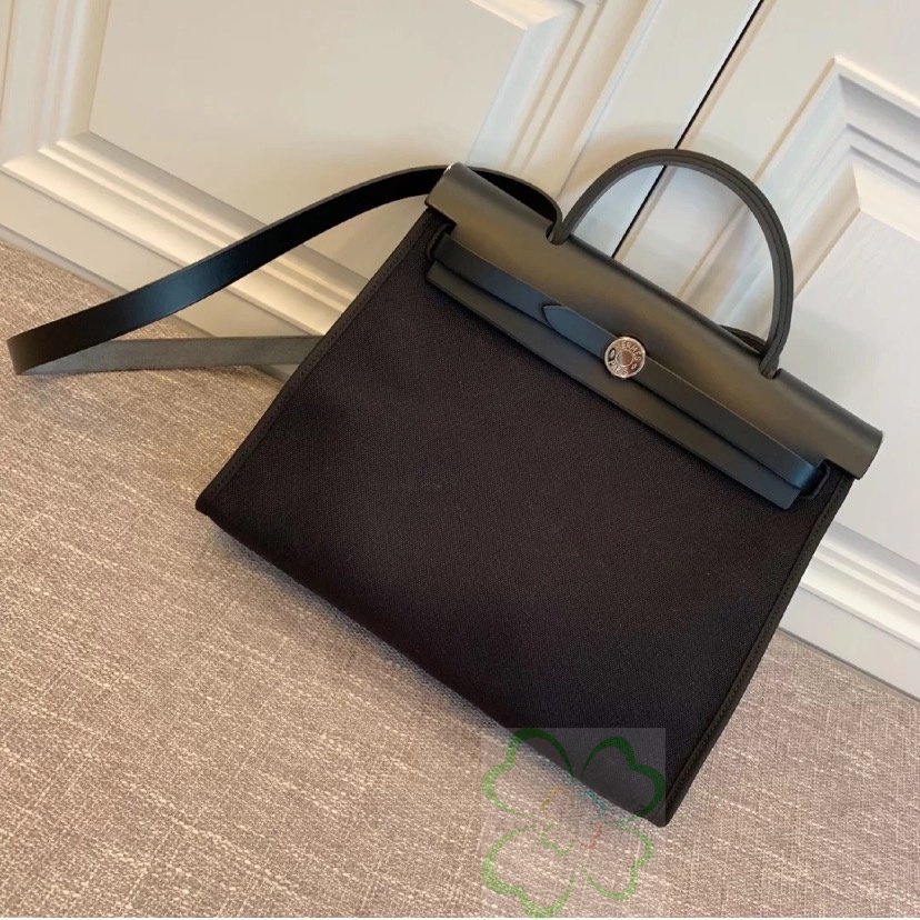 二手正品愛馬仕 hermes herbag 31 全黑 帆布+牛皮 外縫 手提包 H068675CKBI