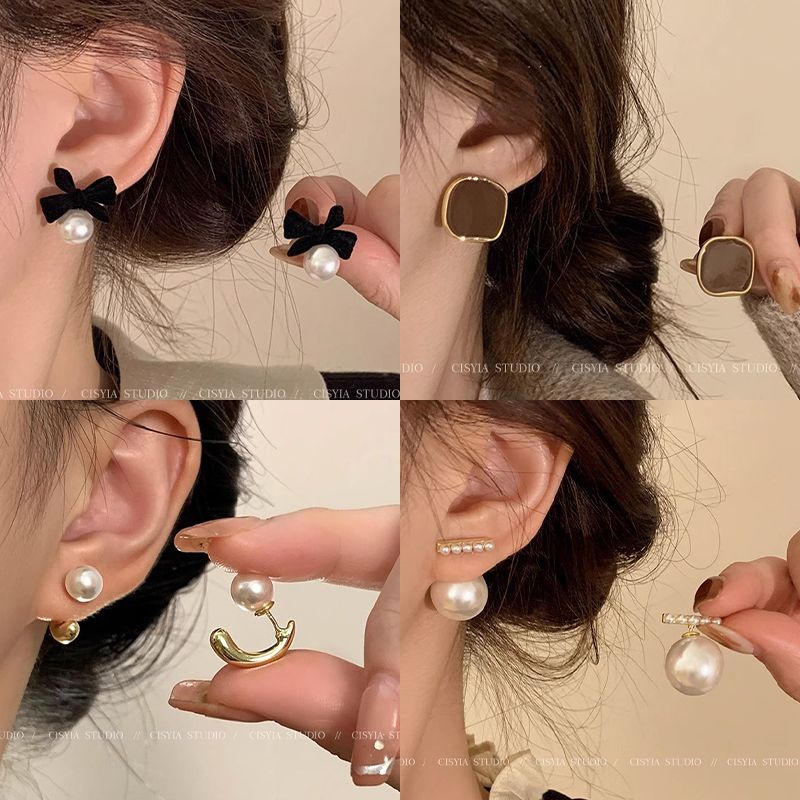 珍珠黑絲絨蝴蝶結耳釘2023新款洋氣耳飾女小眾設計感氣質高級耳環 小飾品✿barbie0823