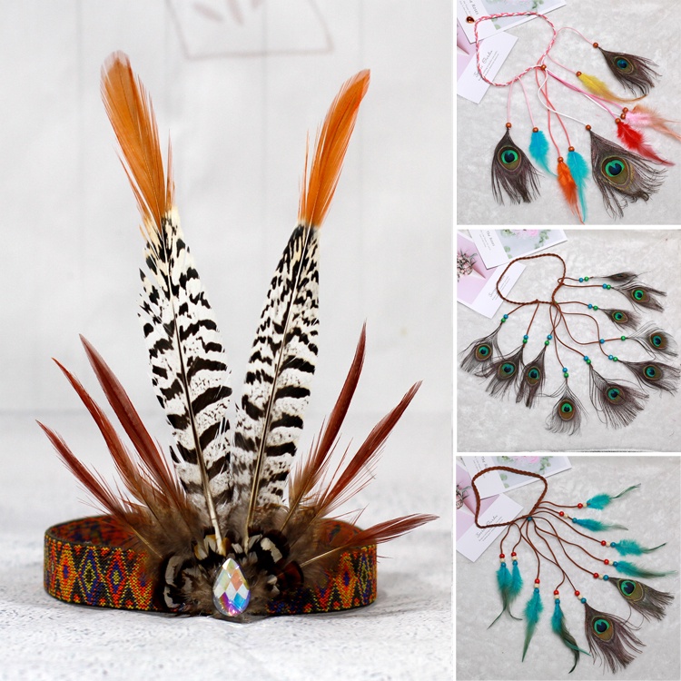 【現貨】印第安酋長頭飾 野人羽毛頭飾 波西米亞民族風孔雀羽毛髮飾發繩 diy飾品 手工製作道具