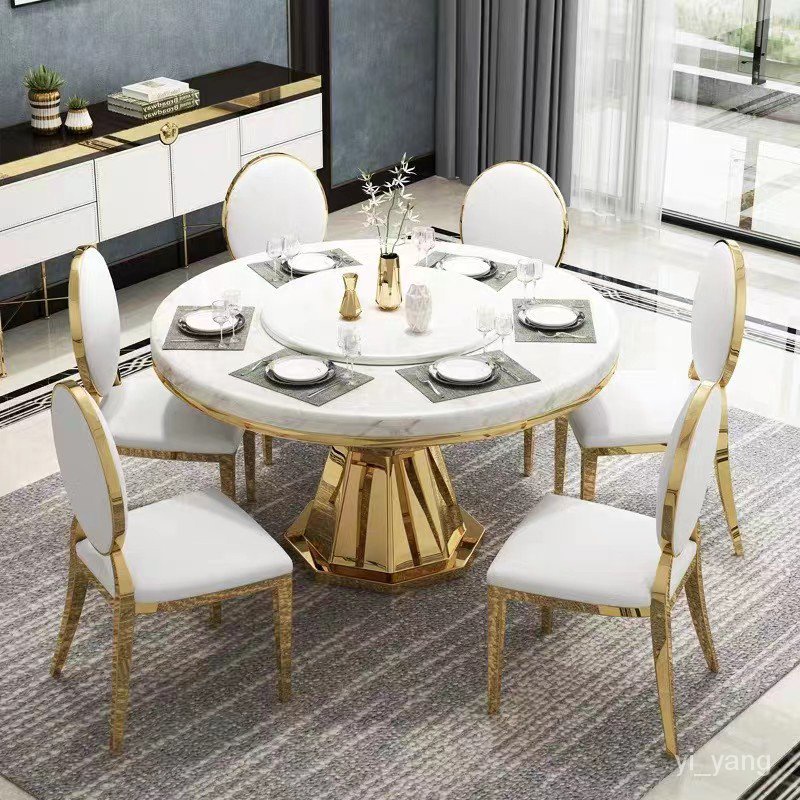 新款大理石餐桌傢用型圓桌喫飯大桌子帶轉盤輕奢不銹鋼圓餐桌00