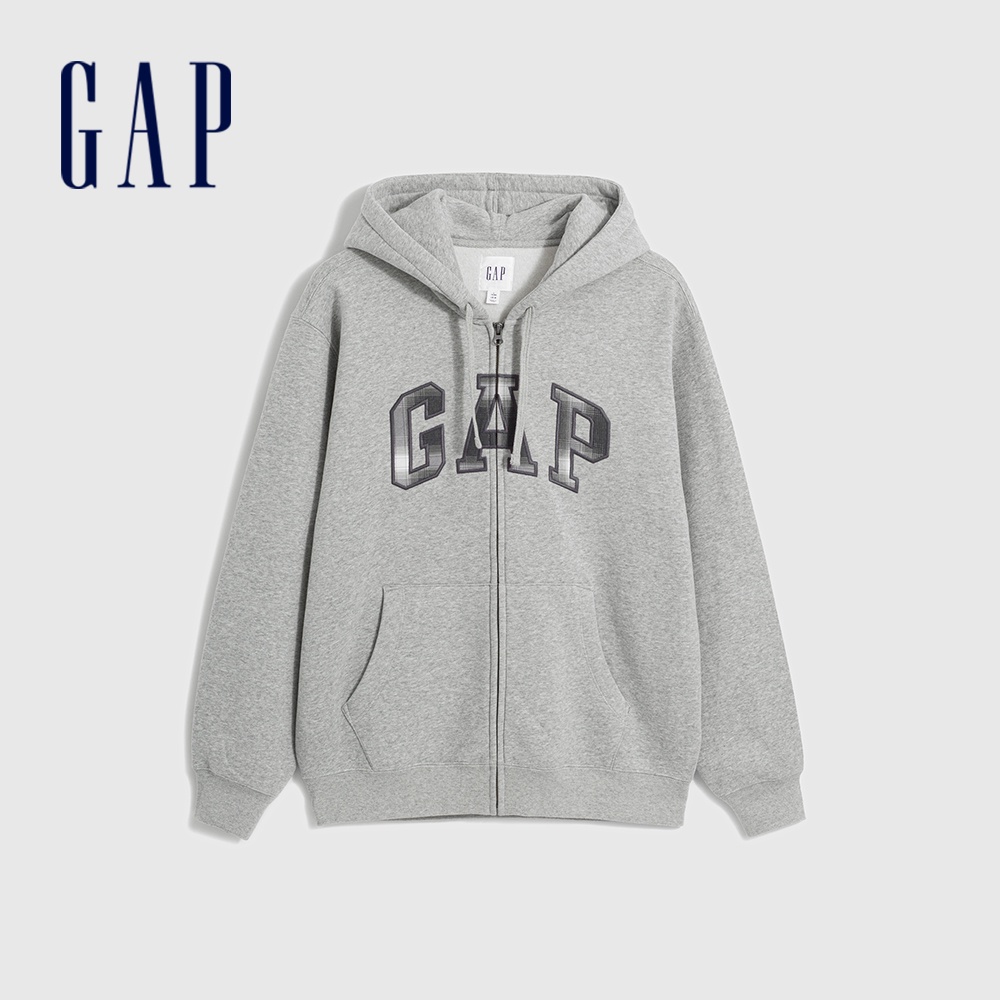 Gap 男女同款 Logo純棉刷毛連帽外套-淺灰色(841214)