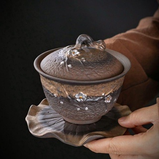 【青瓷茶具】鎏金粗陶功夫茶具套裝整套陶瓷復古家用辦公室簡約梅花蓋碗茶壺杯