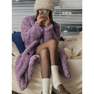 冬季外套女❤️新版芋泥紫色仿獺兔毛皮草外套女中長版學院風羊羔絨毛毛大衣 防寒保暖外套 羽絨外套 大衣外套 I3HX