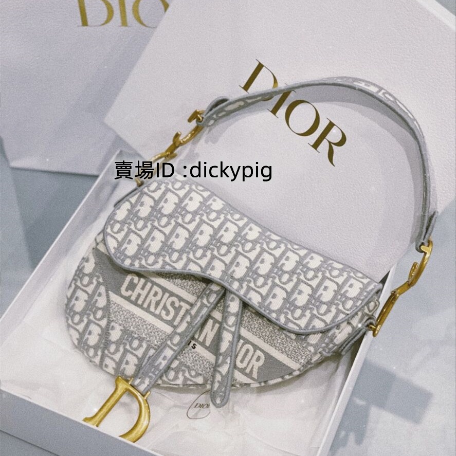 二手正品 Dior迪奧 saddle 經典 Oblique 刺繡老花滿印 灰色 馬鞍包 手提包 單肩包 斜挎包中號