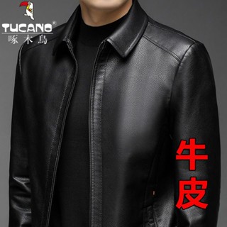 頭層真牛皮皮衣男裝皮夾克短款翻領寬松高檔中老年真皮外套《寶瑞》