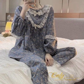 Only❤️甜美碎花長袖睡衣女春秋季ins蕾絲花邊簡約休閑荷葉邊家居服套裝