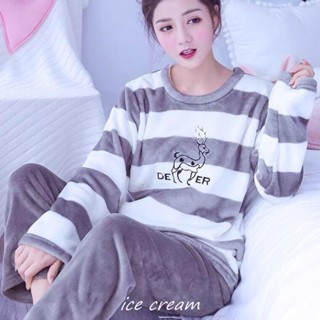 大尺碼睡衣 睡衣女冬天珊瑚絨韓版可愛加厚加絨法蘭絨保暖甜美家居服兩件套裝-冰淇淋