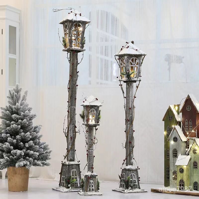 聖誕節裝飾品木製可髮光路燈可拆裝大型聖誕節日場景創意佈置擺件