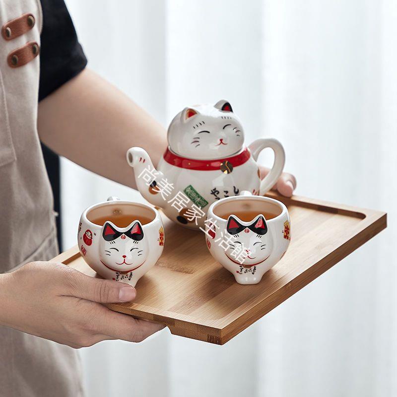 熱賣-茶壺 可愛卡通花茶具 陶瓷套裝 招財貓茶壺 日式茶具 一壺兩杯 家用少女茶具519
