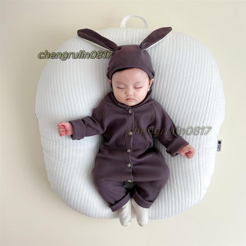 嬰兒服飾 0-2 歲嬰兒連身衣連帽包屁衣兔子可愛耳朵嬰兒衣服鈕扣純棉嬰兒衣服