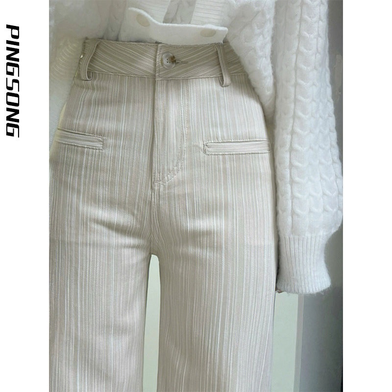 Anna's 美式復古米白色寬鬆寬褲女冬季條紋高腰直筒垂墜感休閒褲子