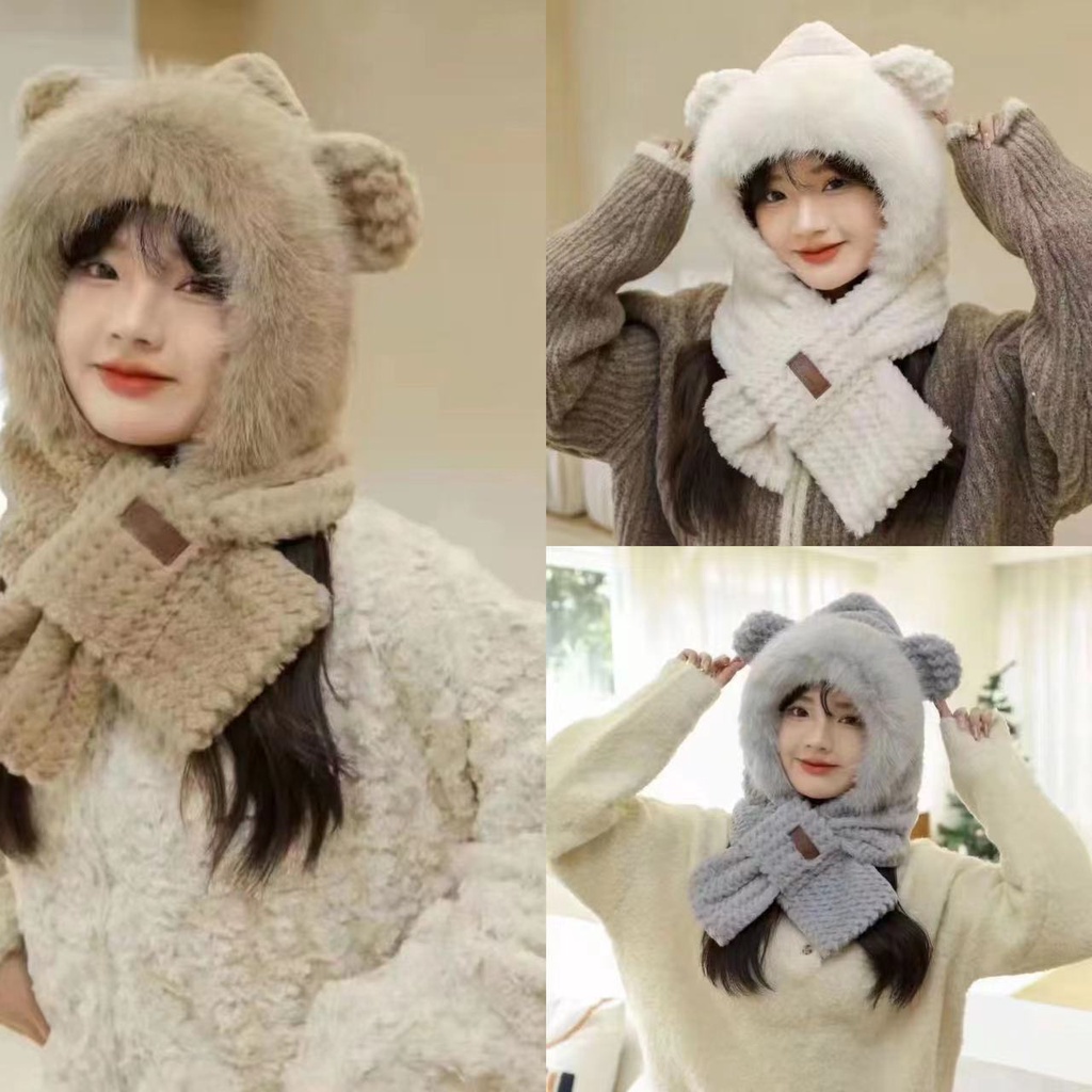 秋冬季帽子女可愛小熊帽子圍巾一體三件套圍脖保暖防風護耳毛絨帽