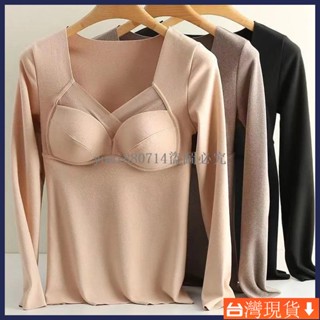 【sunlight推薦】德絨發熱保暖內衣女 刷毛加厚打底衫 秋冬長袖秋衣 一件式式胸墊上衣女