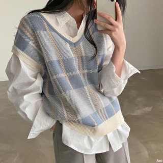 韓系 熱銷🎀韓風復古格紋v領針織馬甲背心 色 毛衣 針織背心 寬鬆