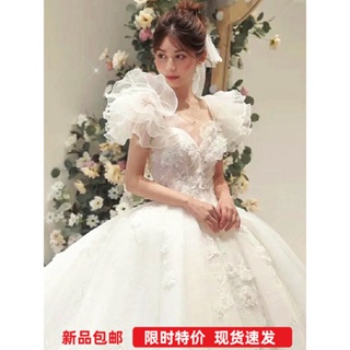 天使嫁衣 浪漫仙系花朵法式一字肩公主新娘修身齊地婚紗禮服19668
