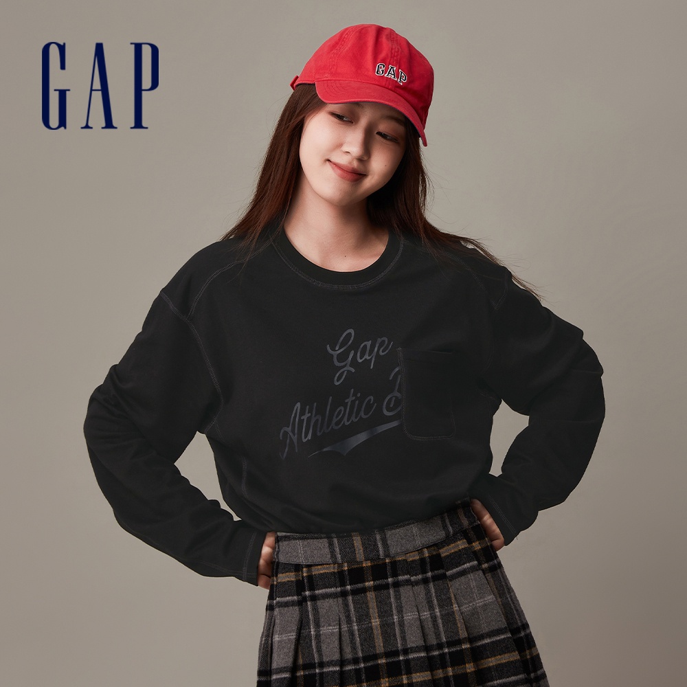 Gap 男女同款 Logo印花圓領長袖T恤-黑色(841257)