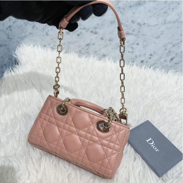 二手精品 全新真品 Dior 微型 LADY D-JOY 玫瑰粉 藤格紋 金鏈 黛妃包 斜背包 手提包