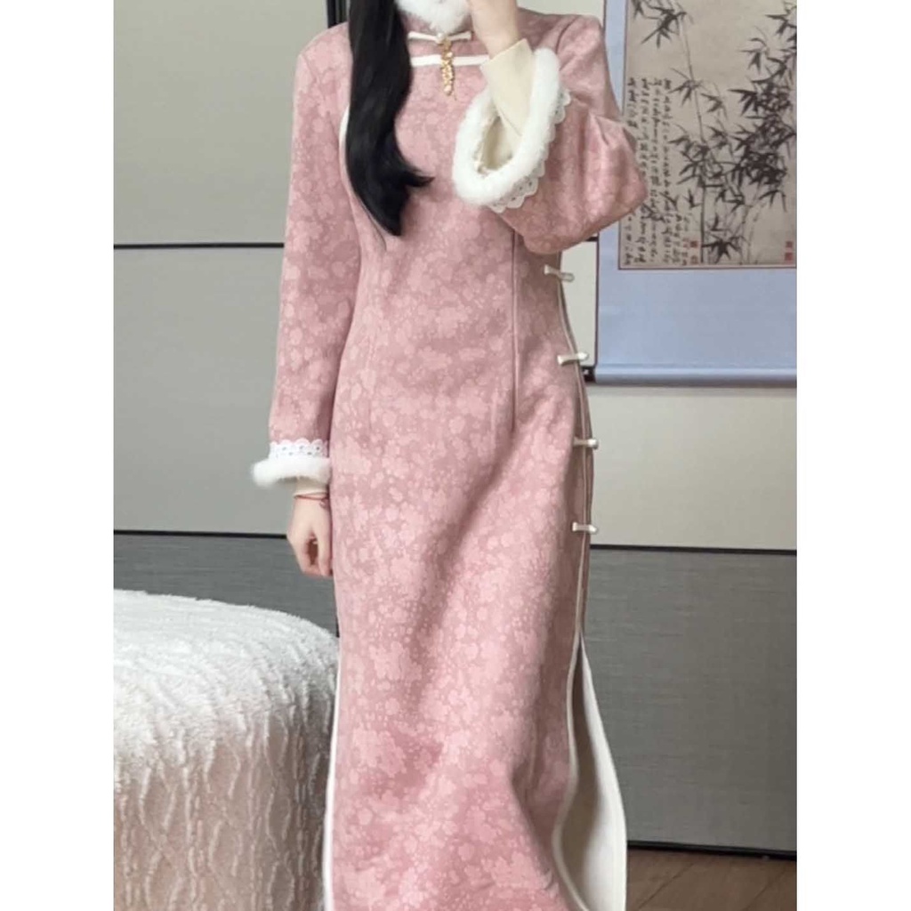 台灣熱賣抹茶2023年冬季新款倒大袖加絨加厚改良修身複古民國雙色粉色旂袍