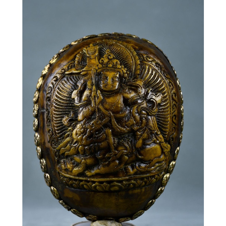 藏傳尼泊爾鎏銀嘎巴拉碗財寶天王手工雕刻居家擺件長17cm寬12cm厚6cm重量370克1600NQ-915