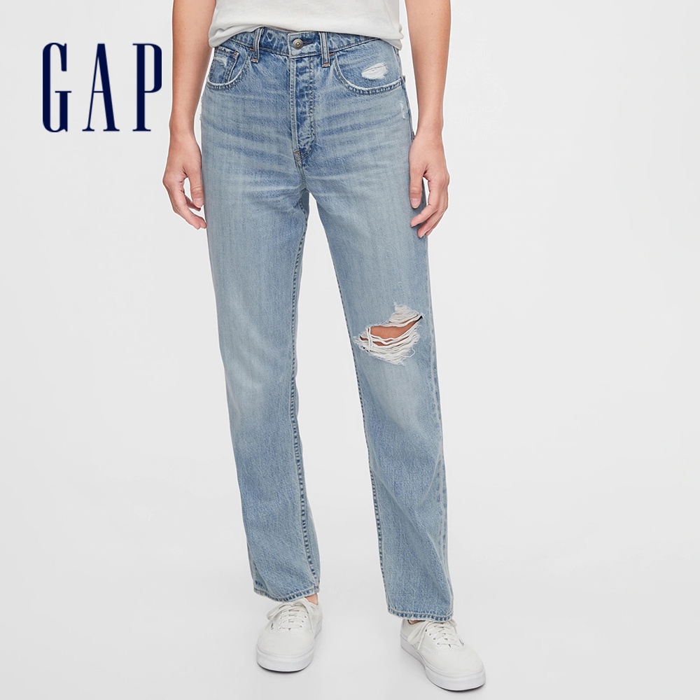 Gap 女裝 做舊破洞超高腰牛仔褲-水洗藍(600516)
