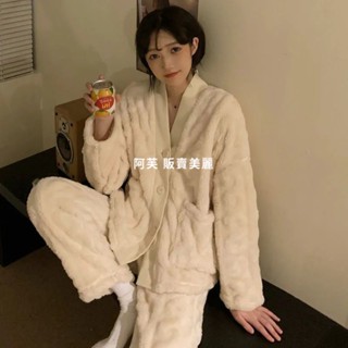 [現貨]睡衣冬天 珊瑚絨睡衣女 秋冬韓系純欲風 加厚保暖長毛絨睡衣 冬季居家服 法蘭絨睡衣套裝