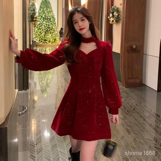 專櫃品質💋聖誕紅色 絲絨 連衣裙 冬季新款 加絨 小衆設計 感氣質 年會禮服 短裙女裝