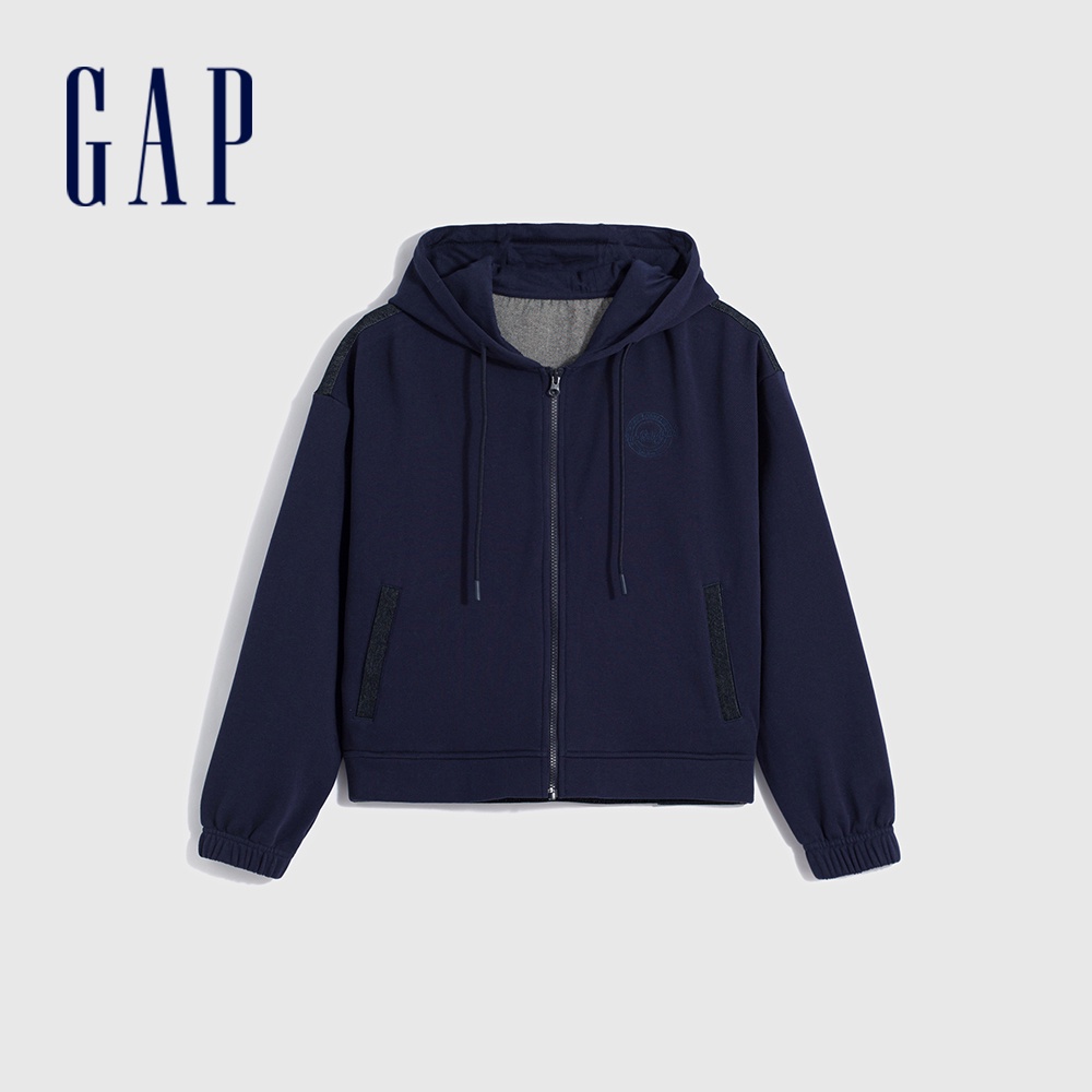 Gap 女裝 Logo牛仔拼接連帽外套-海軍藍(840932)