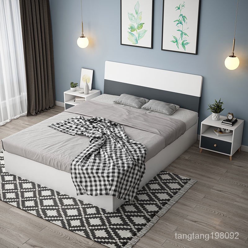 優米木業實木床1.8米1.2米雙人床單人床床現代簡約白色灰色輕奢婚床儲物高架床高腳床雙層床架鐵床架雙人床架 5363