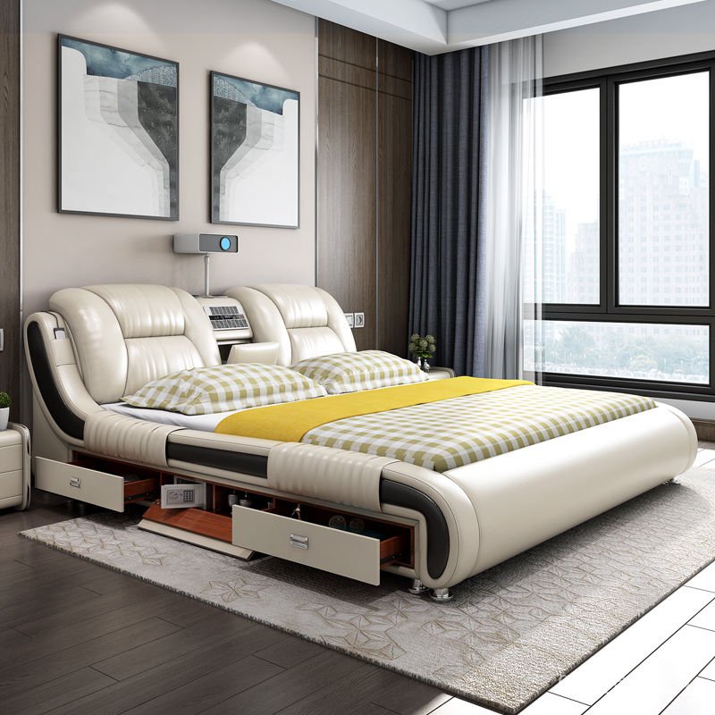 床架 功能床 雙人床 收納床 上下鋪 按摩床 音樂床 真皮床主臥現代簡約1.8米1.5米雙人床智能按摩多功能軟體儲物婚床