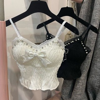 甜心公主Meet 👗女裝館 小心機短款釘珠蝴蝶結木耳邊吊帶衫女新款褶皺網紗拼接裹胸小背心