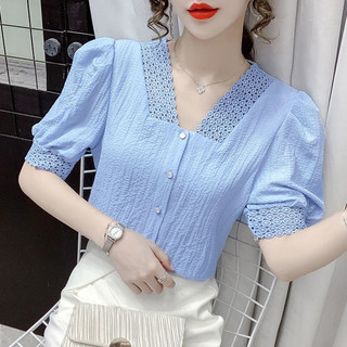 SY短袖上衣鏤空花邊V領上衣設計感小眾短袖襯衫女夏季薄款短袖法式甜美雪紡上衣