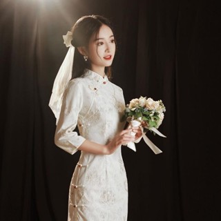 免運 白色改良蕾絲旗袍 洋裝 連身裙 2024年新款少女年輕款氣質高階訂婚旗袍 長袖秋季旗袍 禮服