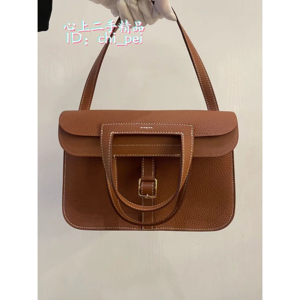 心上二手 Hermes 愛馬仕 Halzan 25cm 棕色/金扣 Clemence皮 手袋 手提包 單肩包