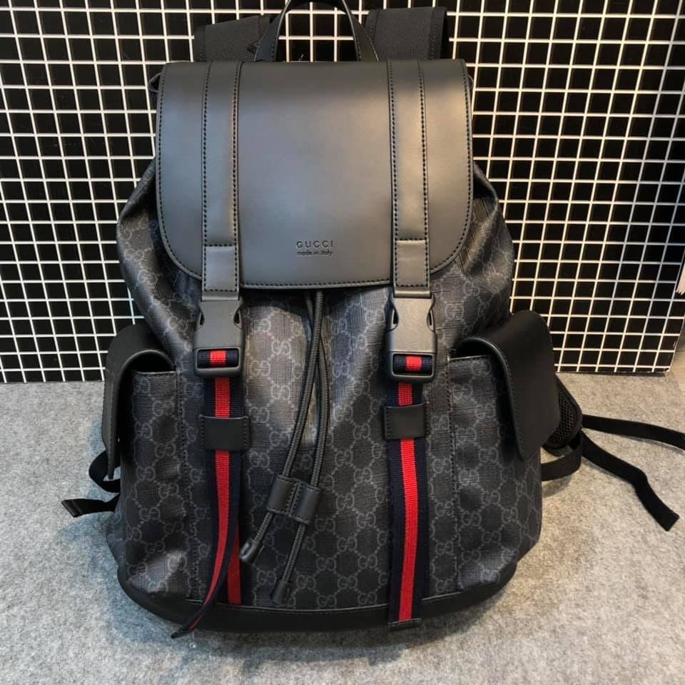 茜茜二手 GUCCI Supreme GG souple 紅黑配色軍旅大後背包495563 K9R8X 1071