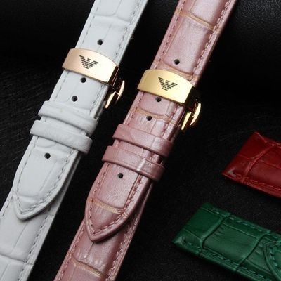 【高品質】阿瑪尼手錶帶紅色棕色粉真皮牛皮蝴蝶扣表鏈14|16|18|20|23mm男女