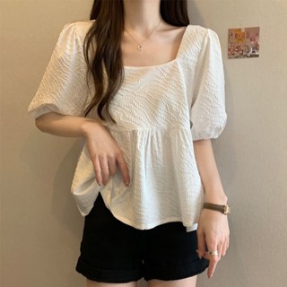 SY短袖方領襯衫女夏季大尺碼女裝法式泡泡袖小眾胖MM遮肚子荷葉邊短袖上衣