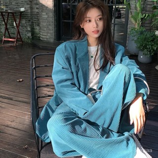 S-XL 套裝女 休閒西裝 西裝外套女 燈芯絨 藍色西裝 氣質套裝 高階感兩件套 複古港風 上衣外套 高腰闊腿褲套裝