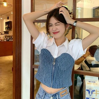 【Wik】短袖 襯衫女 牛仔拚接襯衫女設計感小眾春夏新款法式複古修身顯瘦短袖上衣