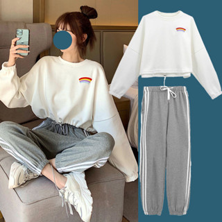 【Sweet Oversize】春秋運動服套裝女2022新款洋氣寬鬆彩虹長袖衛衣休閒哈倫褲兩件套