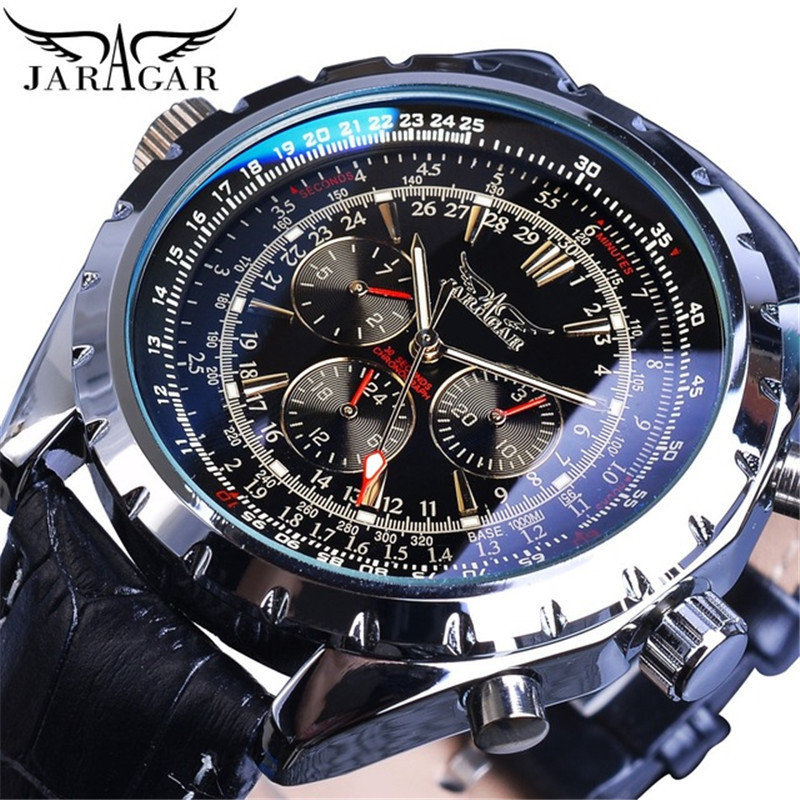 jaragar 歐美風范男士時尚休閑機械多功能藍玻璃 自動機械手錶