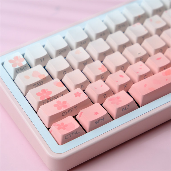 落櫻繽紛漸變粉色側刻透光鍵帽正刻原廠高度可愛適配機械鍵盤鍵帽