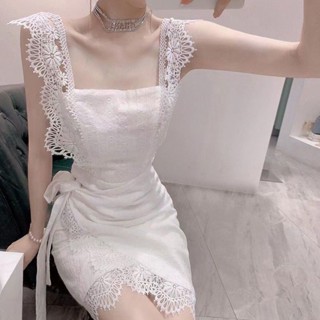 氣質 修身 裙子 質感 高級感 溫柔風 法式 無袖 白色 蕾絲 弔帶 連衣裙 女 夏季 M2F1