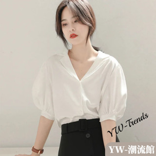 【YW】法式複古短袖襯衫女 夏季薄款設計感小眾冷淡風短袖上衣 簡約V領氣質上衣 白襯衫 五分袖襯衫
