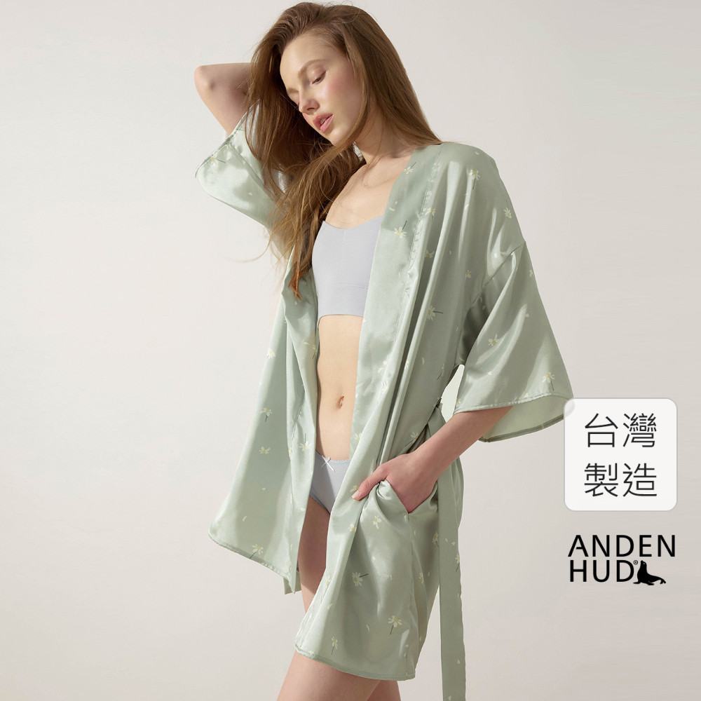【Anden Hud】罩衫_療癒烘焙．吸濕排汗居家緞面睡袍(煙霧綠-滿天雛菊) 純棉台灣製