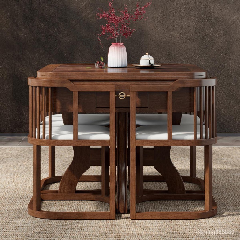 【新中式麻將桌】實木餐桌兩用 多功能小戶型麻將桌 電動全自動麻將機茶桌